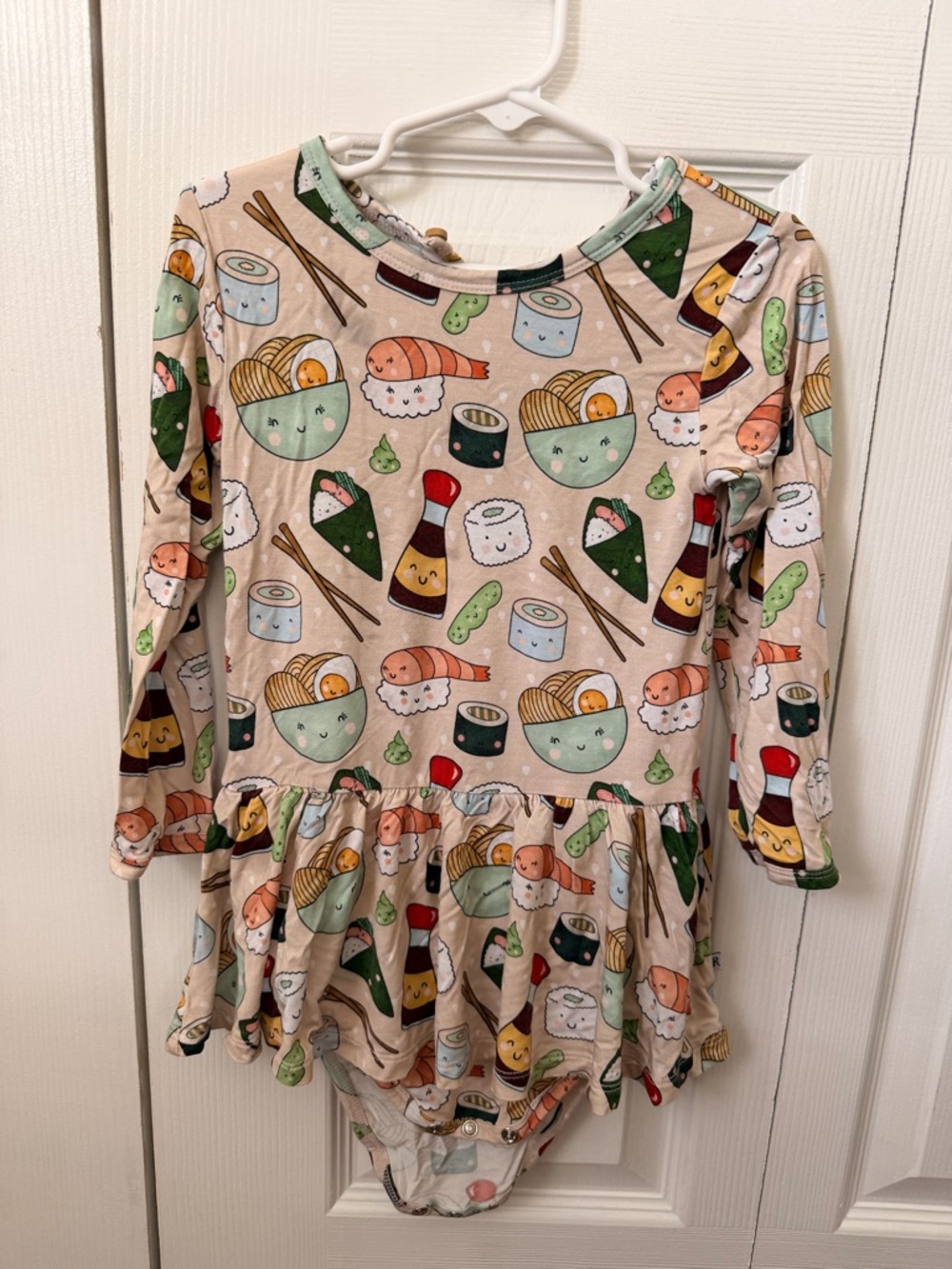Bums and Roses On a Seafood Diet Sushi Print Long-Sleeve Twirl Bodysuit